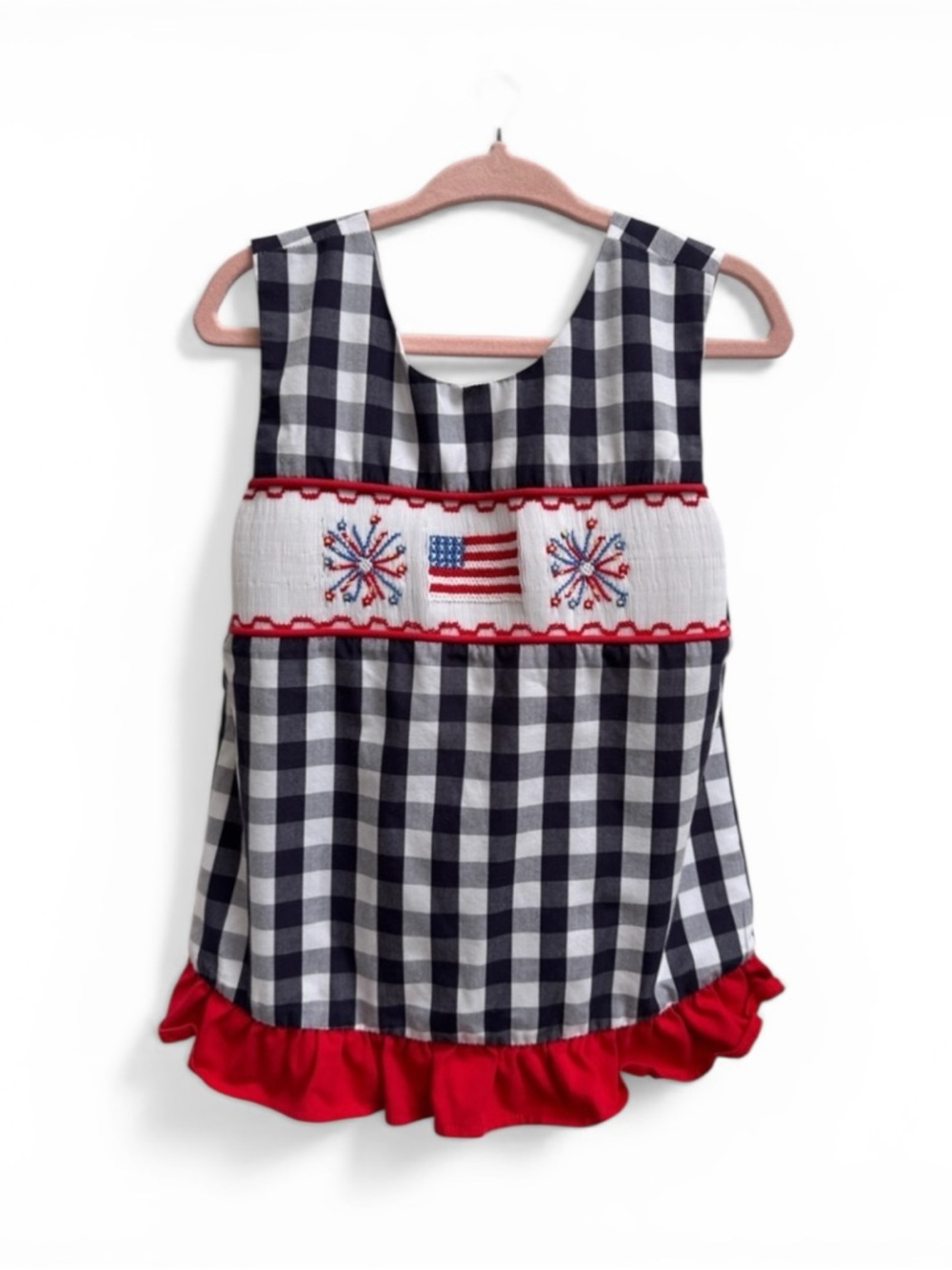 Stitchy Fish 4th of July Blue & White Gingham Tank Top with tie bow in the back